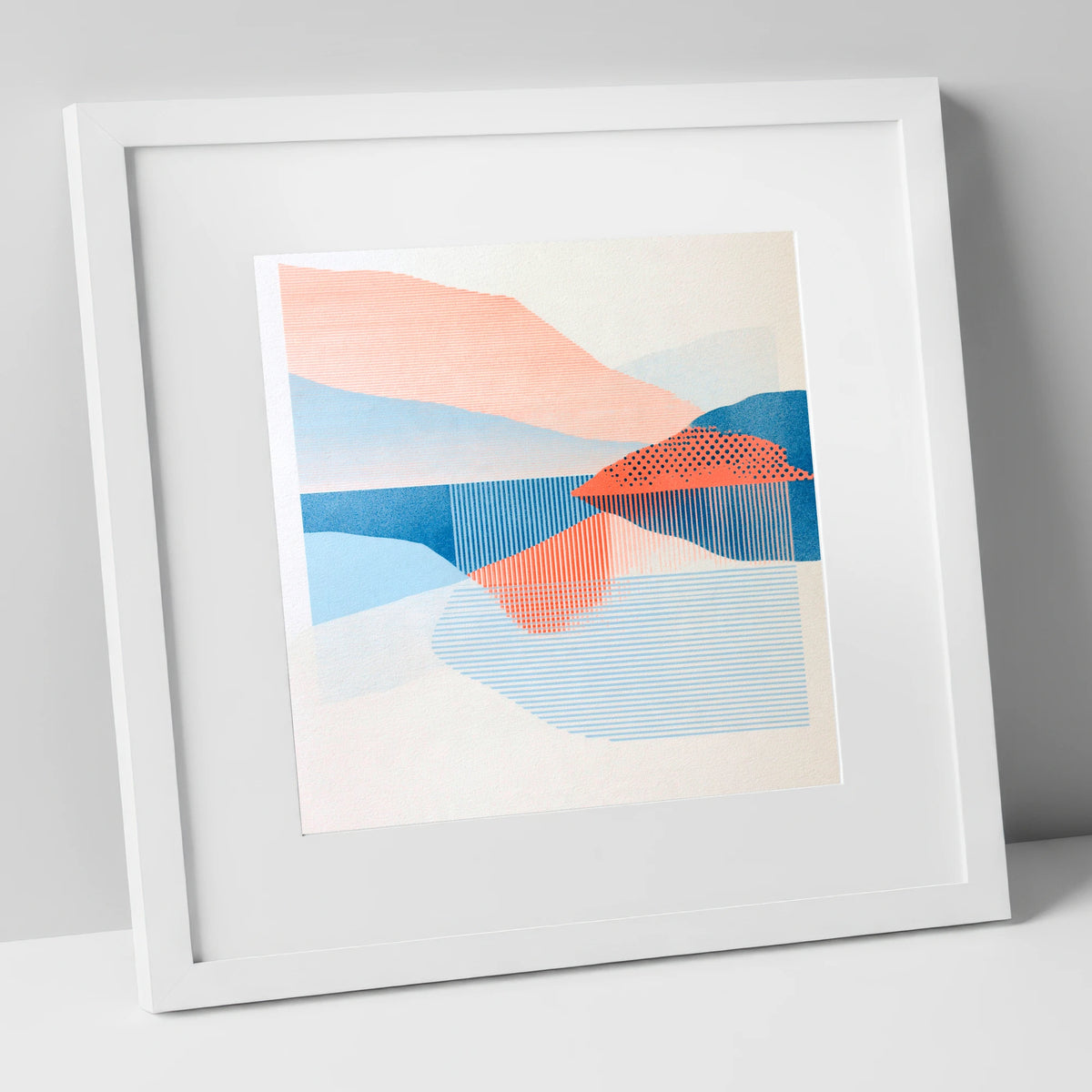 Coral and Blue Lake Reflections lake district lake art print in white frame