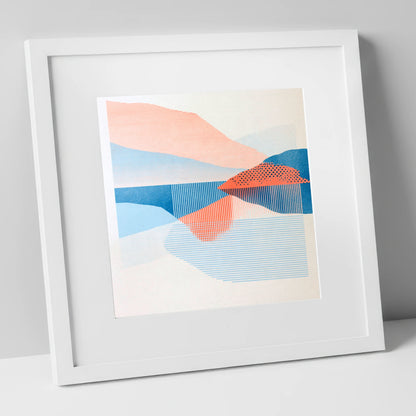 Coral and Blue Lake Reflections lake district lake art print in white frame