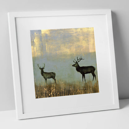 Red Deer in Slate and Gold lake district wildlife art print in white frame