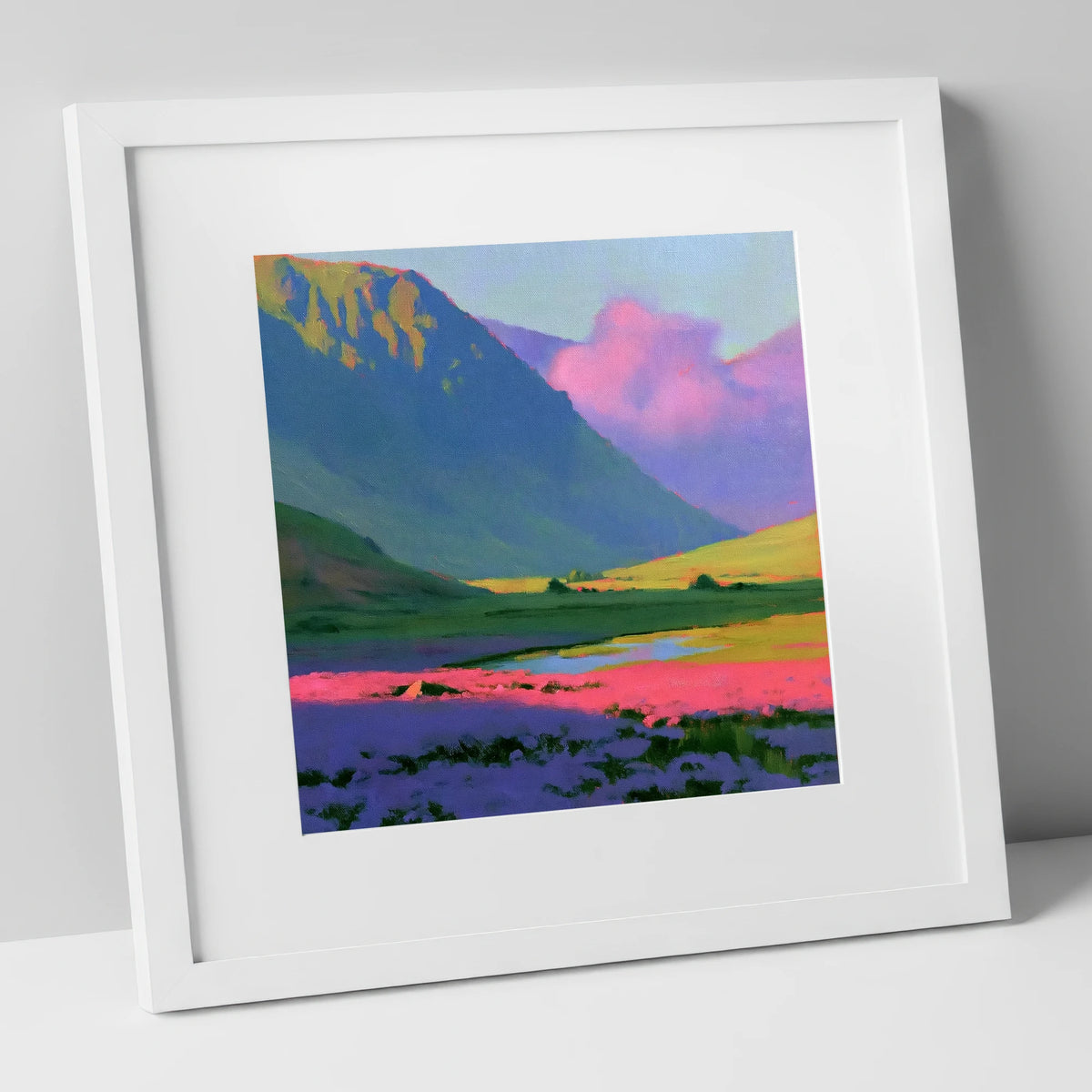 Dramatic Magenta Heather Fellside flowers & fellsides art print in white frame