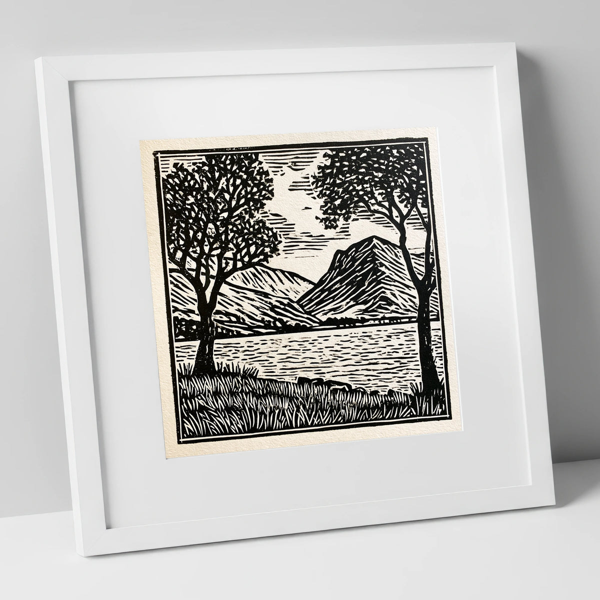 Monochrome Crummock Water Fells lake district lake art print in white frame