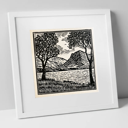 Monochrome Crummock Water Fells lake district lake art print in white frame