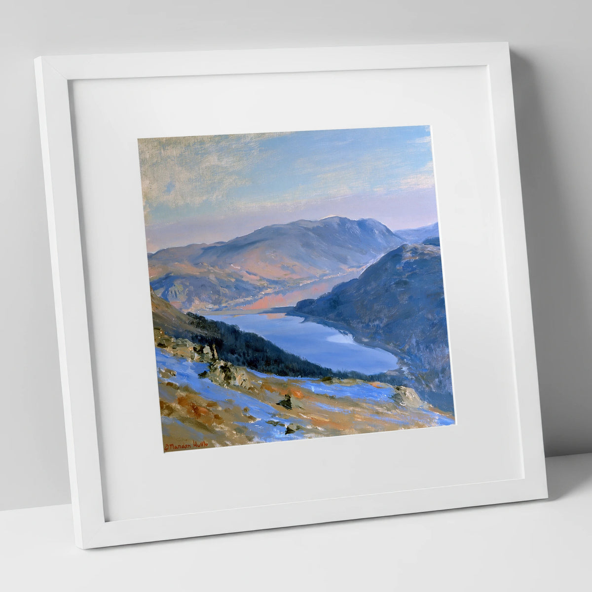 Sunlit Thirlmere from Western Fells lake district lake art print in white frame