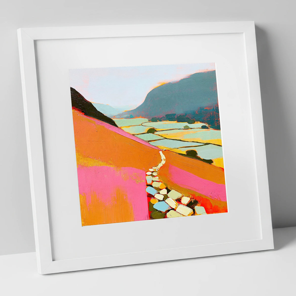 Colourful Fell Path to Patterdale lake district village art print in white frame