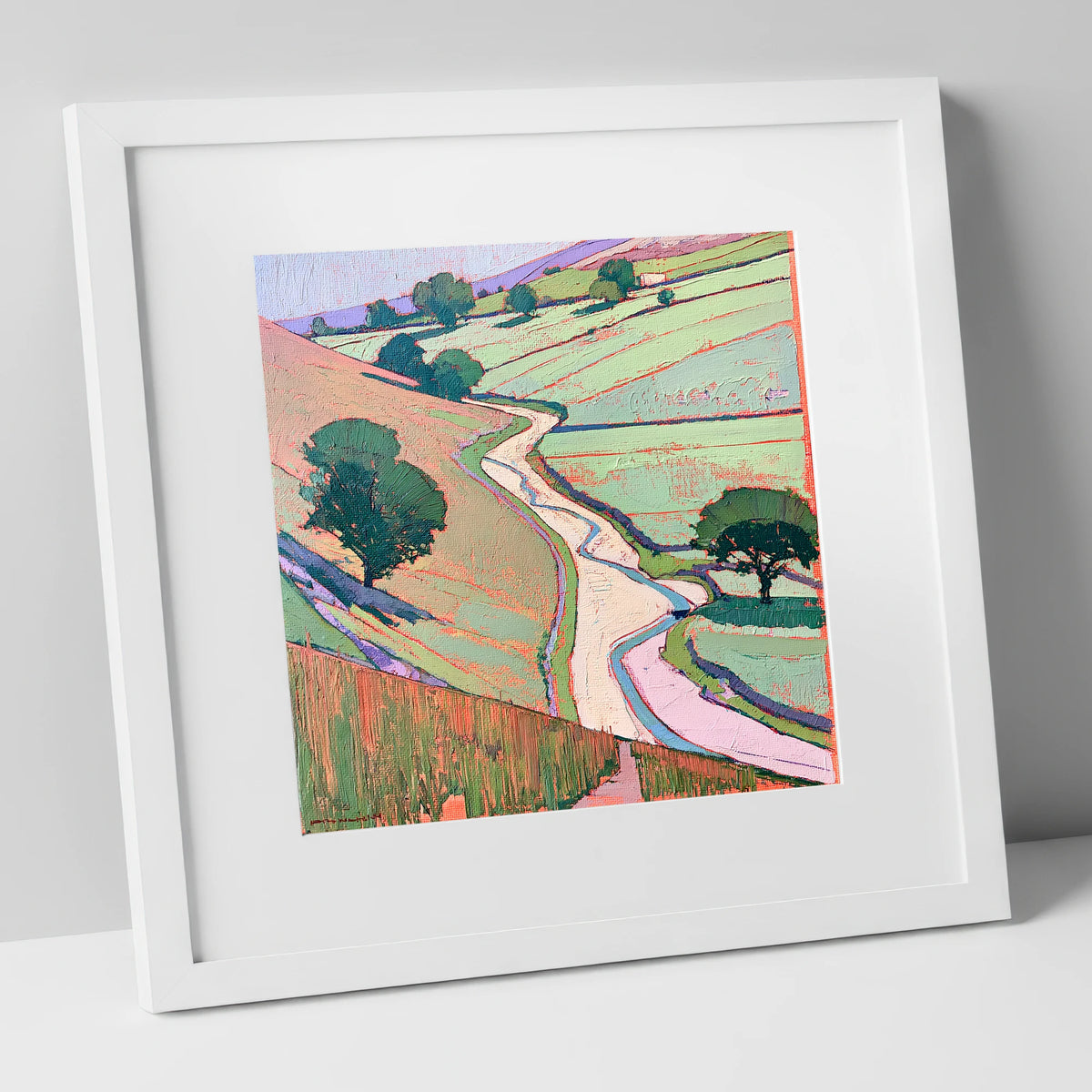Winding River In Pastel Valley lake district waterfall art print in white frame