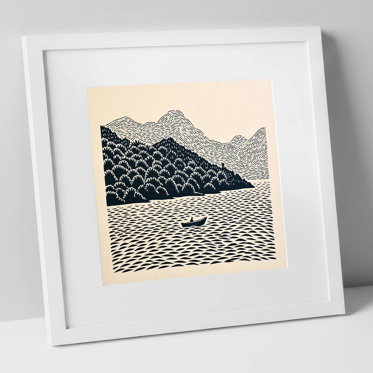 Rowing Boat Beneath Coniston Fells lake district lake art print in white frame