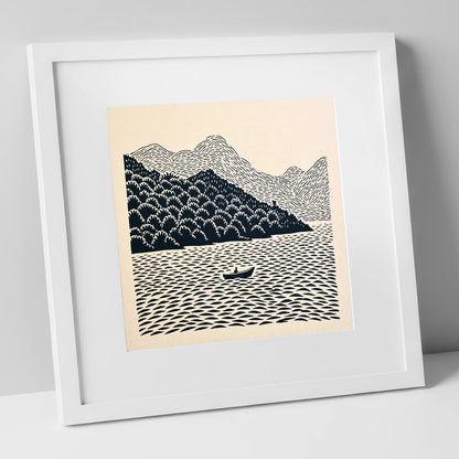 Rowing Boat Beneath Coniston Fells lake district lake art print in white frame