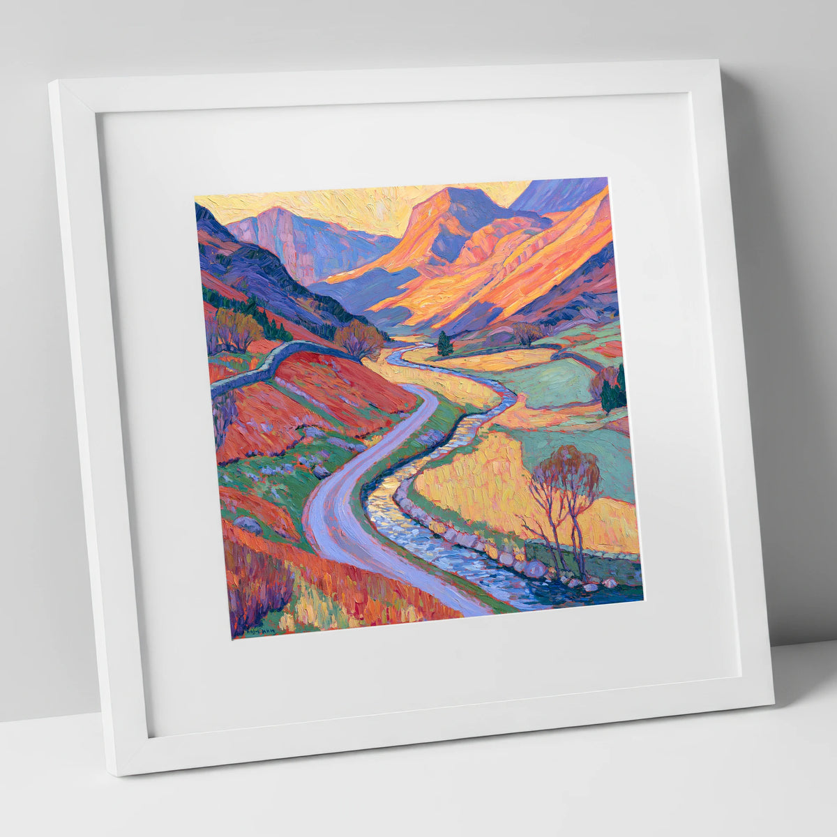 Winding Valley River in Radiant Amber lake district waterfall art print in white frame