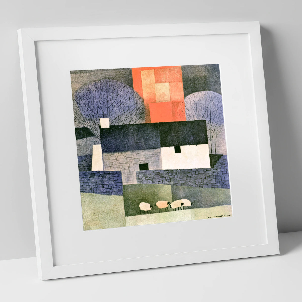 Stone Cottage in Bold Terracotta lake district village art print in white frame