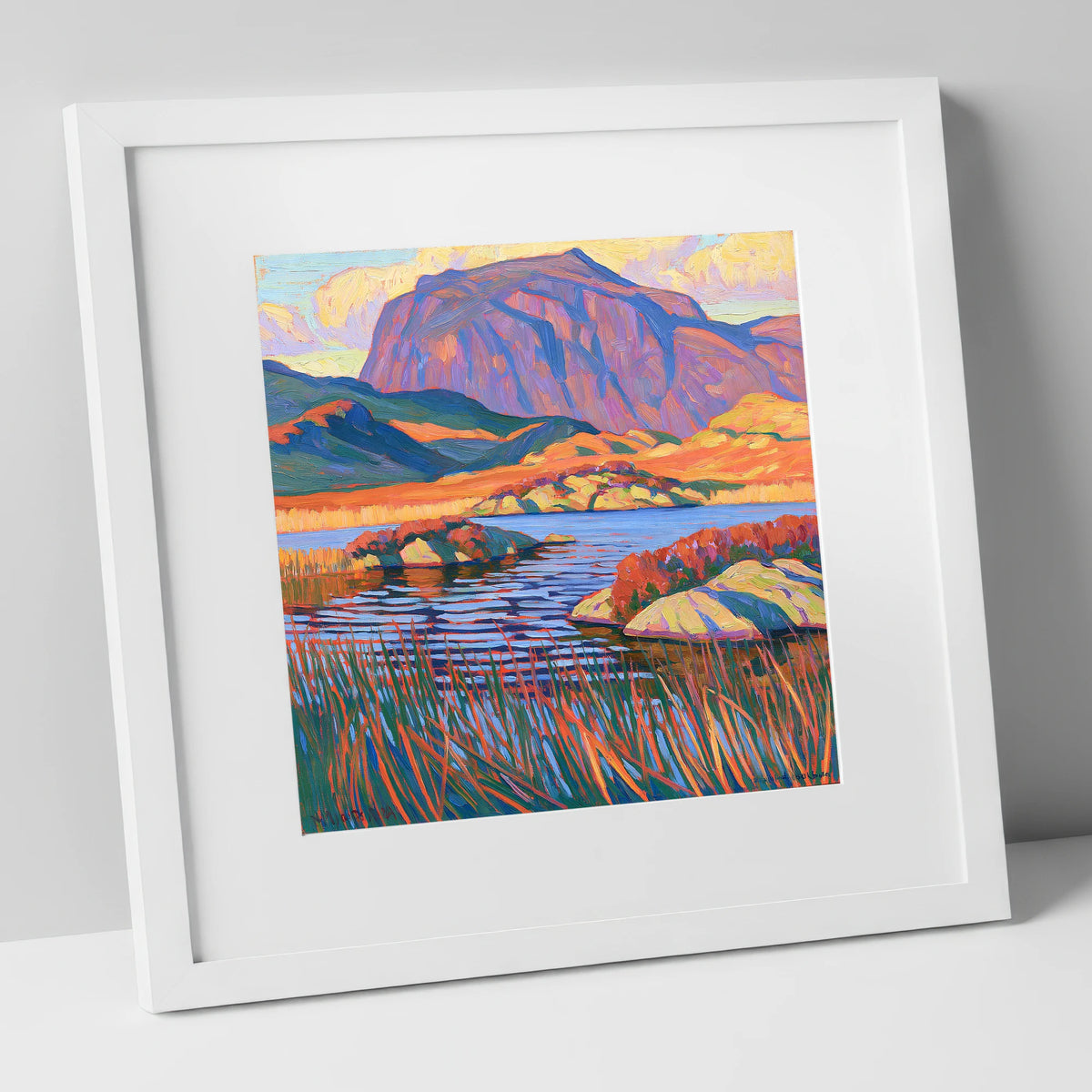 Vibrant Haystacks and Mountain Tarn lake district fell art print in white frame