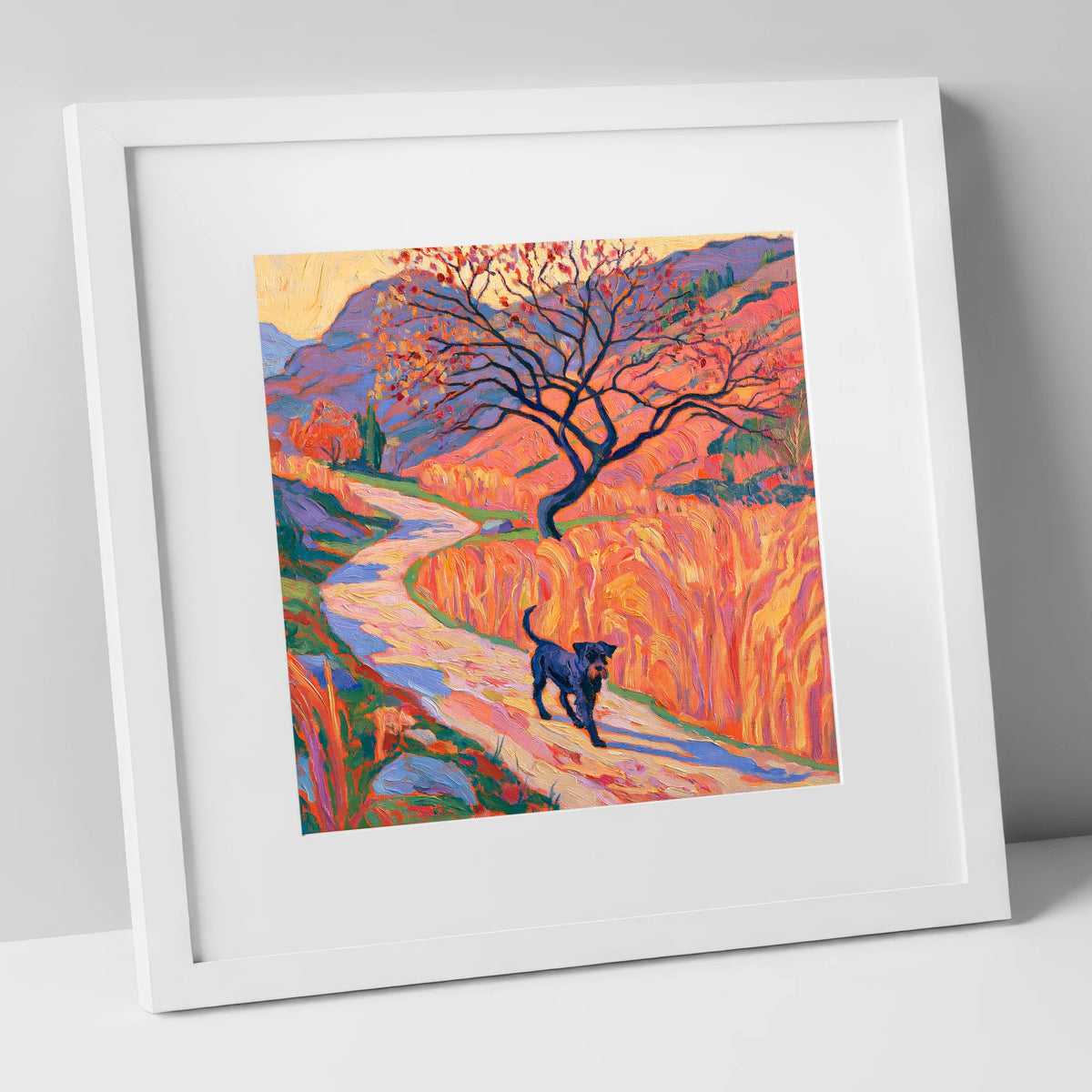 Colourful Patterdale Dog Walk gifts for dog walkers art print in white frame