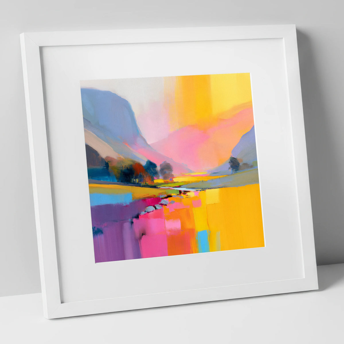 Vivid Pink Lakeland Valley Beck lake district valley art print in white frame