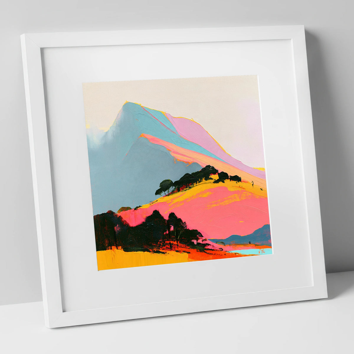 Vibrant Pink Mountain Ridge lake district fell art print in white frame