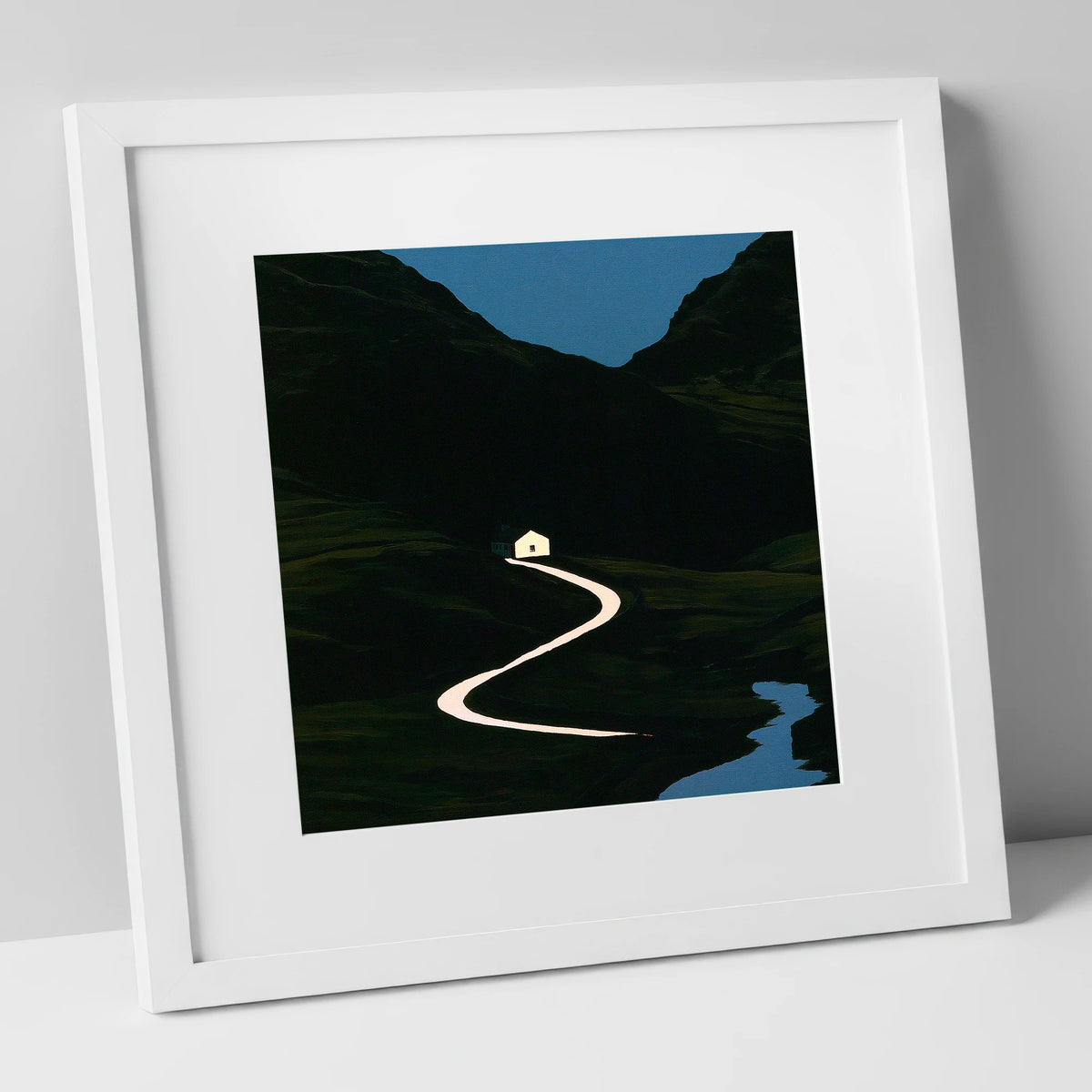 Glowing Winding Mountain Pass lake district valley art print in white frame