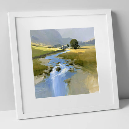 Sunlit Valley Beck and Farmhouse lake district waterfall art print in white frame