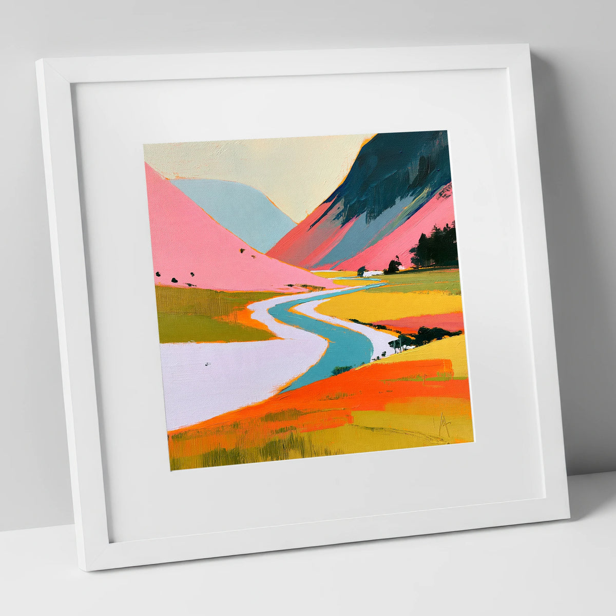 Winding River Through Pink Fells lake district waterfall art print in white frame