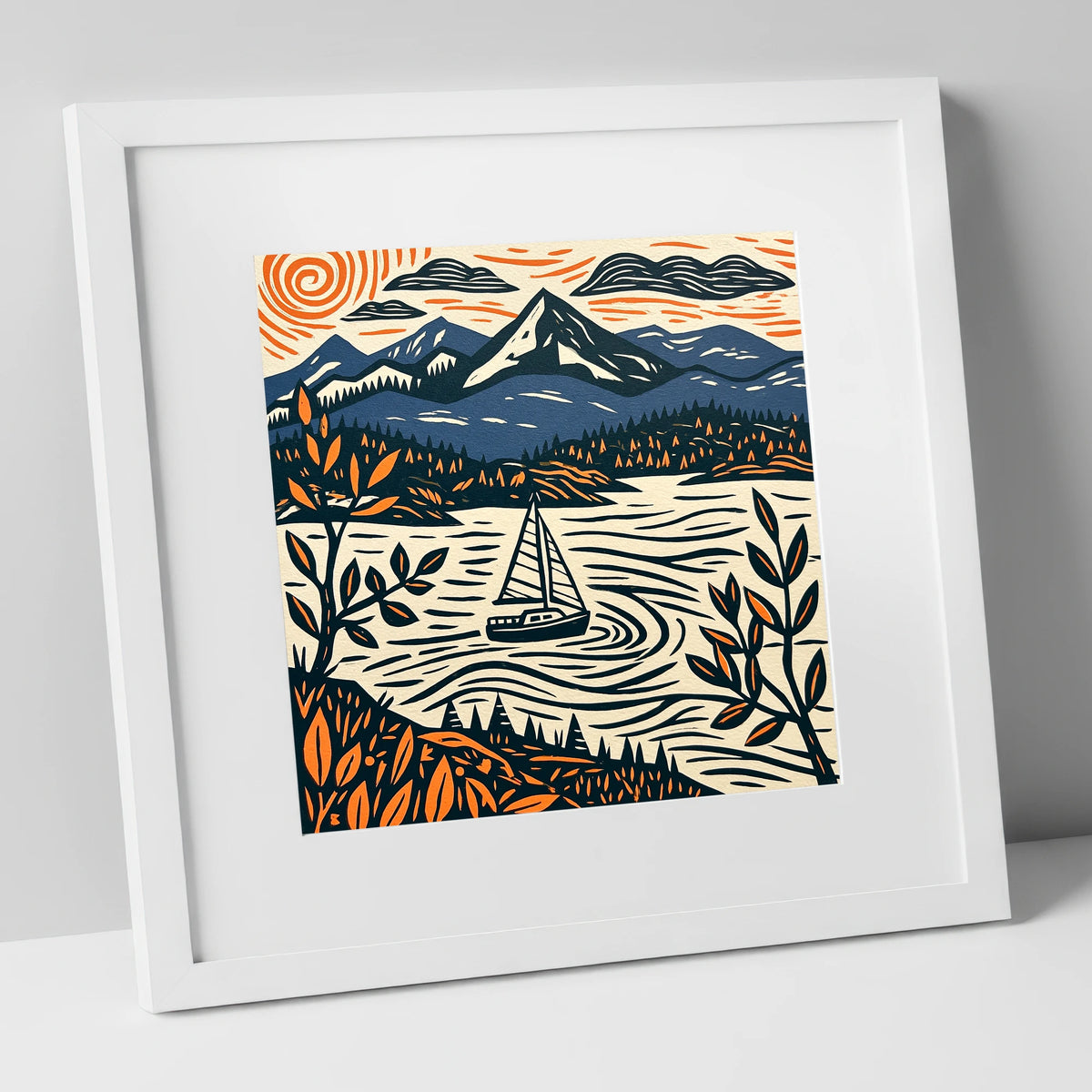 Navy and Orange Windermere Sailboat lake district lake art print in white frame