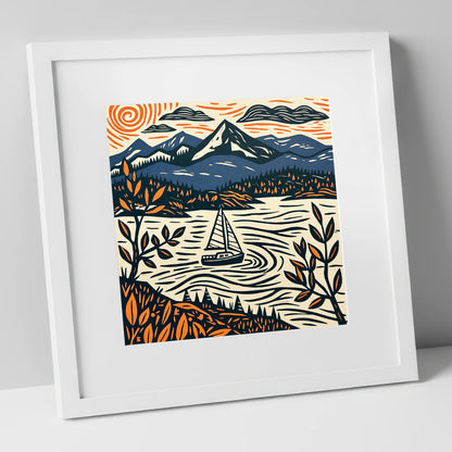 Navy and Orange Windermere Sailboat lake district lake art print in white frame
