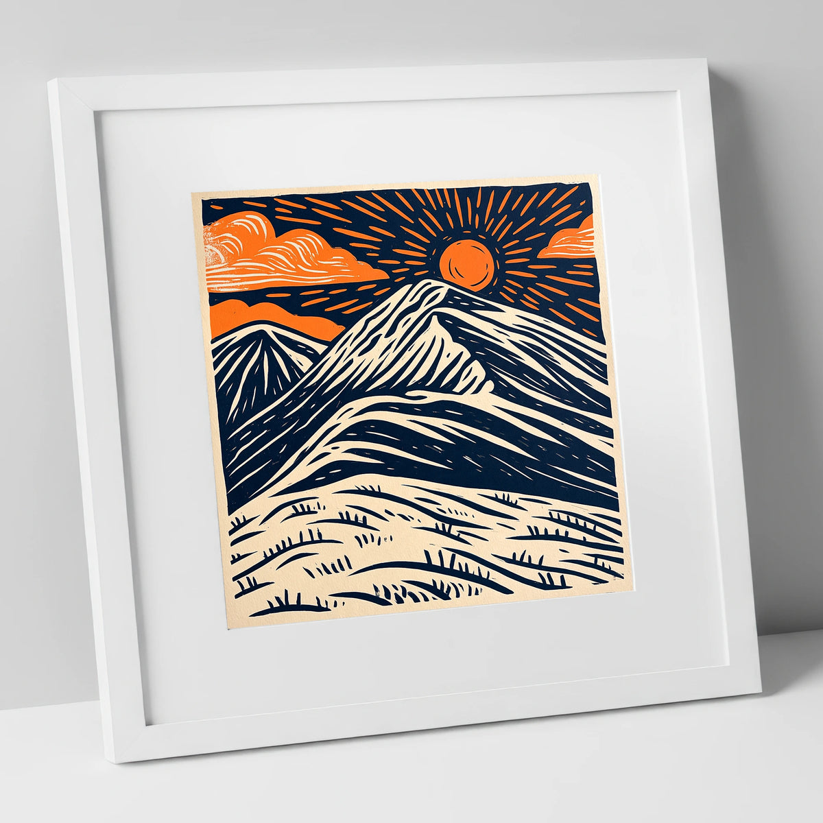 Blencathra With Terracotta Sunburst lake district fell art print in white frame