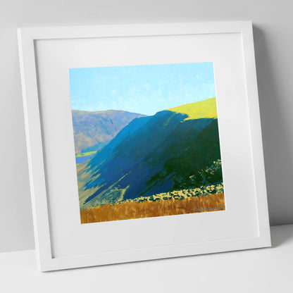 Steep Shadows on Gray Crag lake district fell art print in white frame