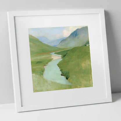 Winding River in Pastel Fells lake district waterfall art print in white frame