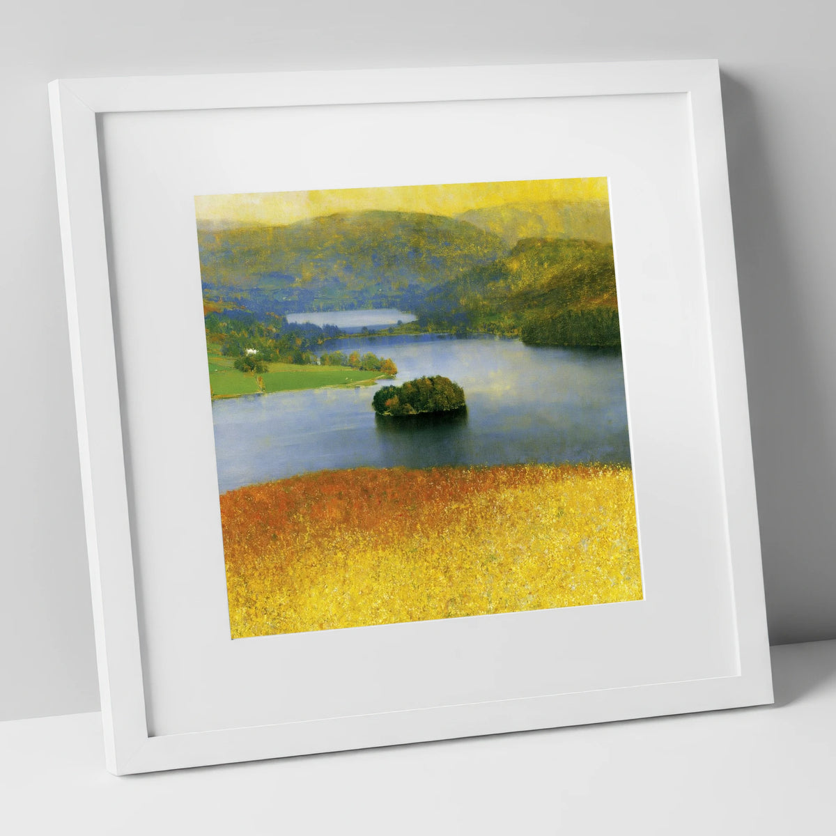 Luminous Grasmere From The Fells lake district lake art print in white frame