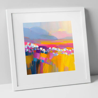 Vibrant Bog Cotton Moorland lake district wildflower art print in white frame