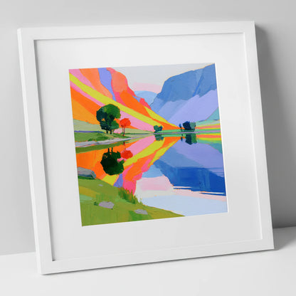 Bright Fells Reflected in Calm Lake lake district lake art print in white frame