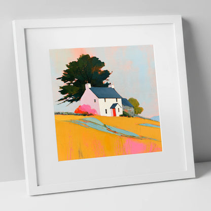 White Stone Cottage in Golden Fields lake district village art print in white frame
