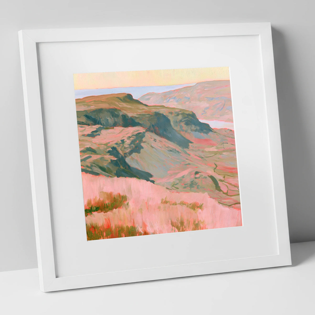 Fell Summit in Pastel Pink lake district fell art print in white frame