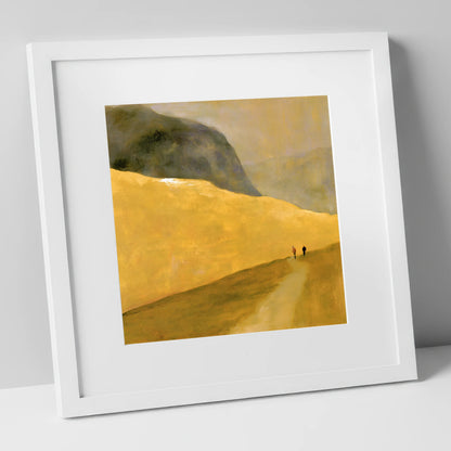 Walkers on a Golden Fell lake district walking art print in white frame