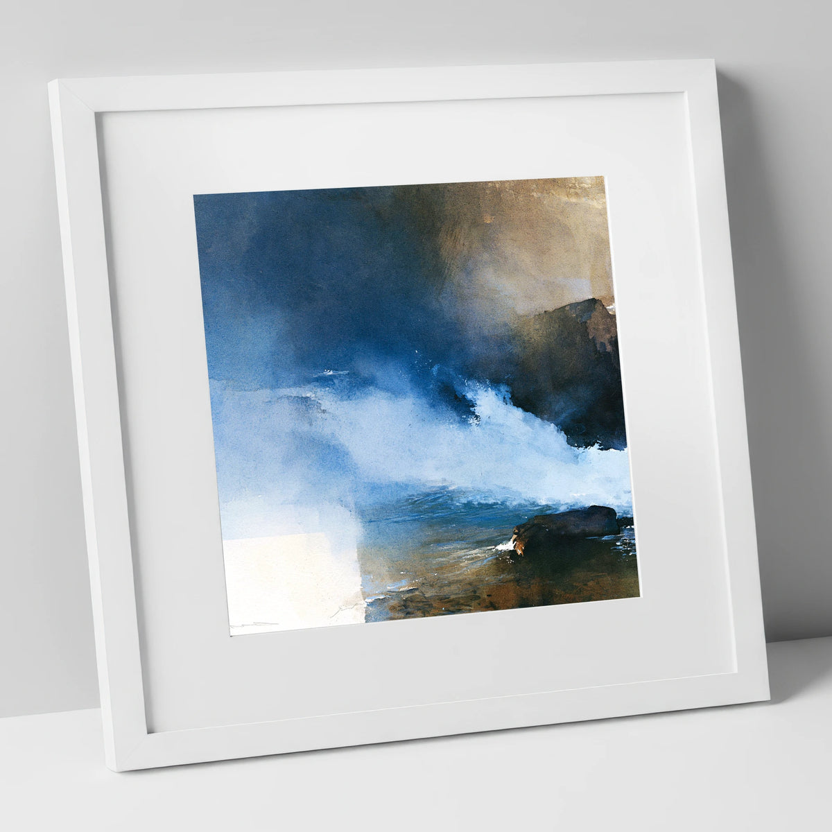 Stormy Blue Fellside Beck lake district waterfall art print in white frame