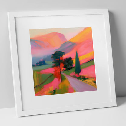 Neon Morning Valley Mist lake district sky art print in white frame