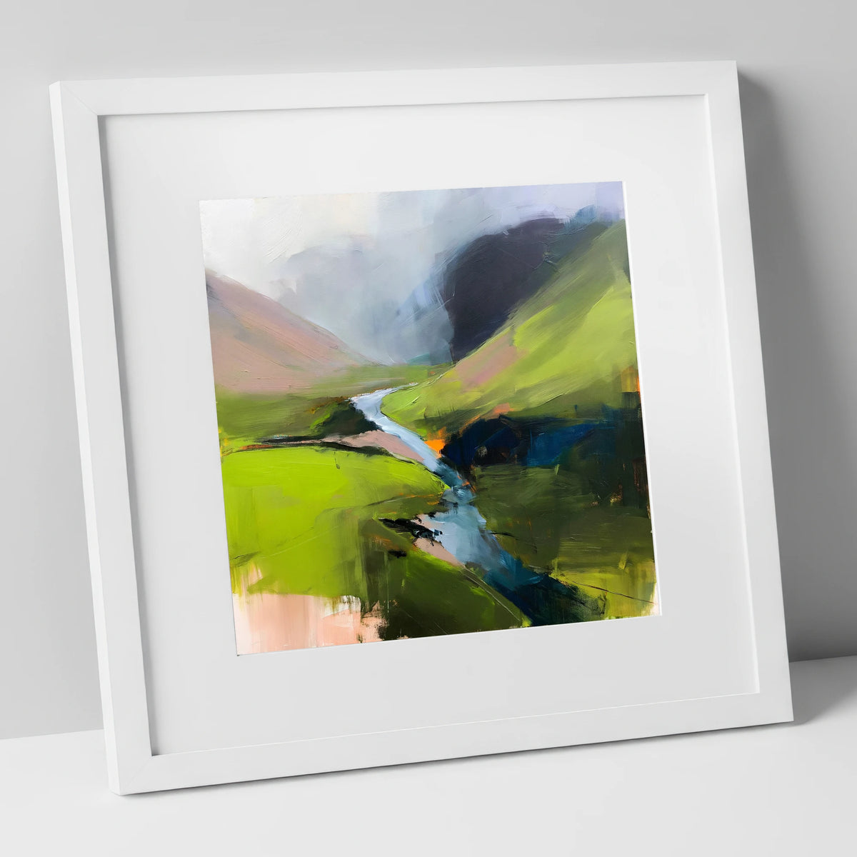 Winding River and Vibrant Fells lake district waterfall art print in white frame