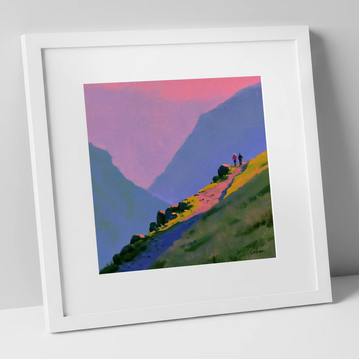 Walkers on a Vivid Mountain Path lake district walking art print in white frame