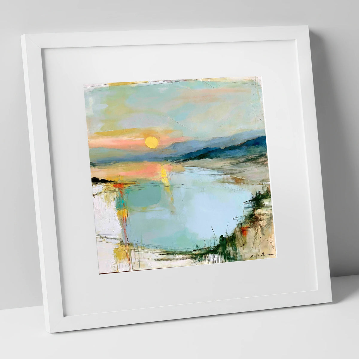 Lake Sunset in Peach and Mint lake district lake art print in white frame