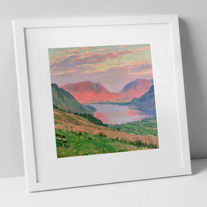 Loweswater Fells in Sunset Pink lake district lake art print in white frame