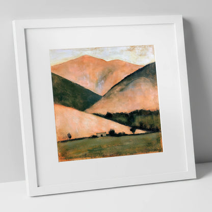 Golden Fells and Stone Bothy lake district sky art print in white frame
