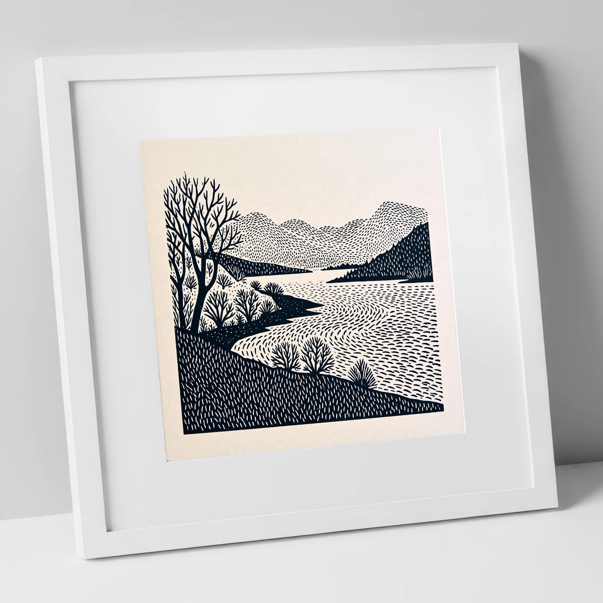 Stark Trees at Coniston Water lake district lake art print in white frame
