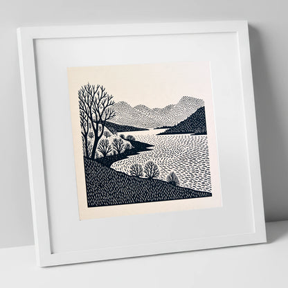 Stark Trees at Coniston Water lake district lake art print in white frame