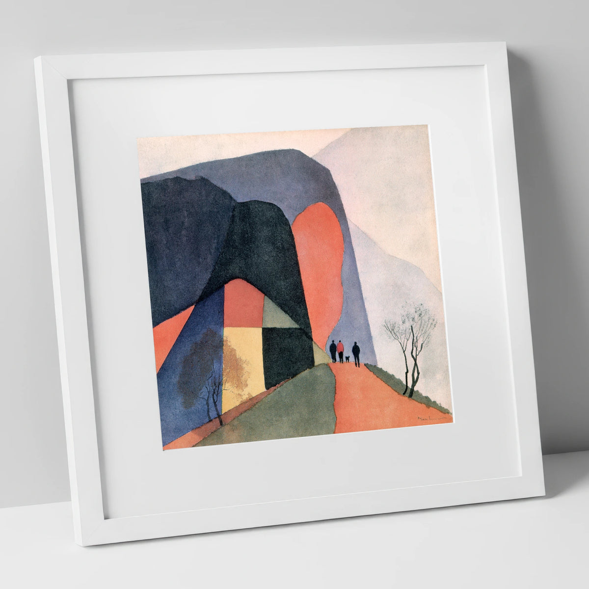 Walkers on a Terracotta Fell Path lake district walking art print in white frame