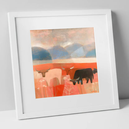 Highland Cattle against Slate Fells lake district wildlife art print in white frame