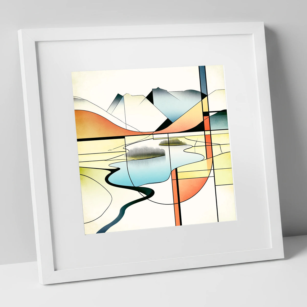 Abstract Geometric Elter Water lake district lake art print in white frame