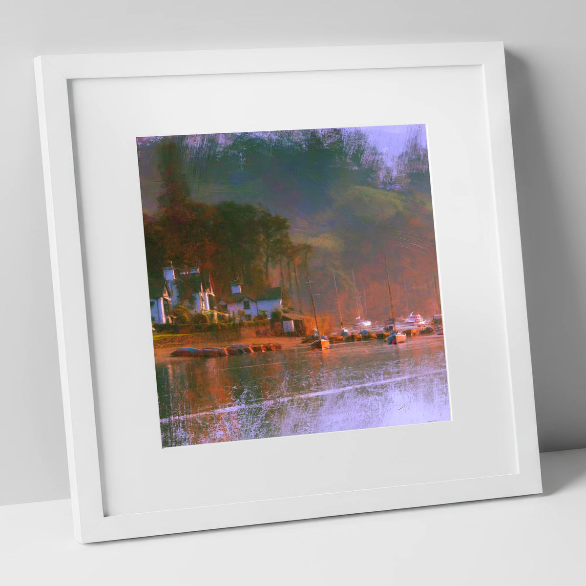 Autumn Light on Bowness Bay lake district village art print in white frame