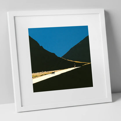 Silhouettes on Sunlit Wasdale Path gifts for dog walkers art print in white frame