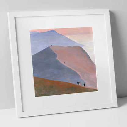 Walkers on a Dusk Ridge lake district walking art print in white frame