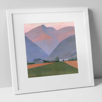 Valley Farm Beneath Pastel Fells lake district valley art print in white frame
