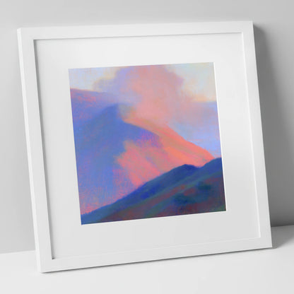 Pink Light on Rolling Fells lake district fell art print in white frame