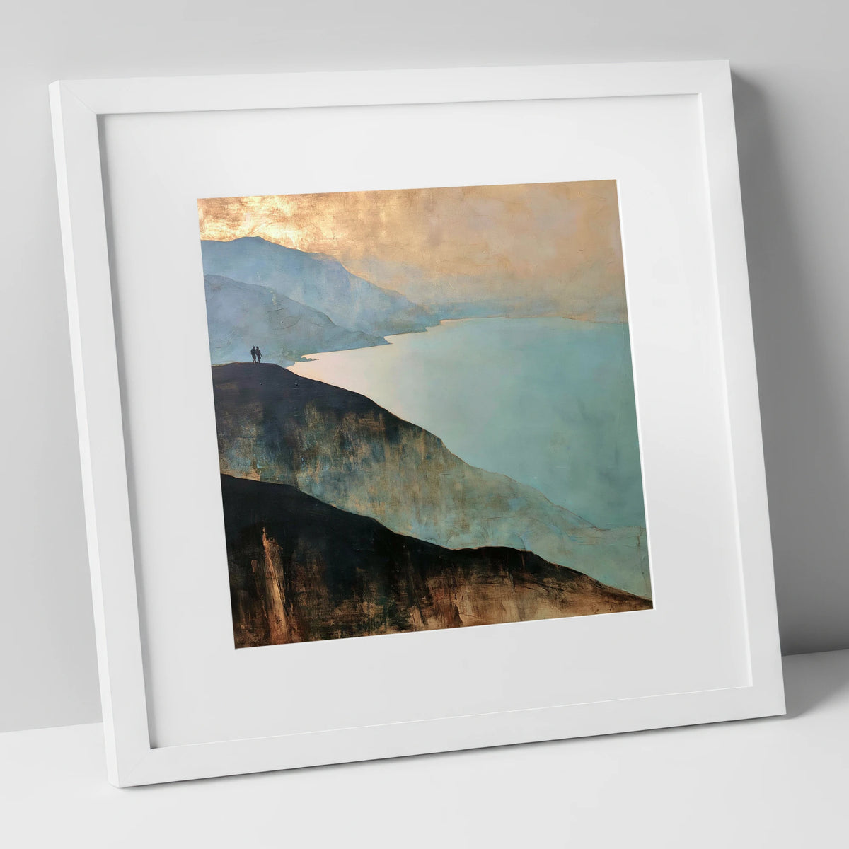 Walkers on Catbells Ridge lake district fell art print in white frame