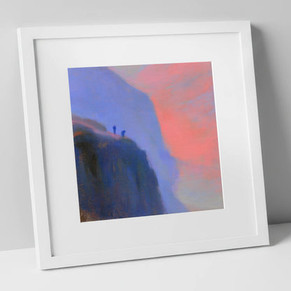 Crag Climbers in Pink Twilight lake district walking art print in white frame